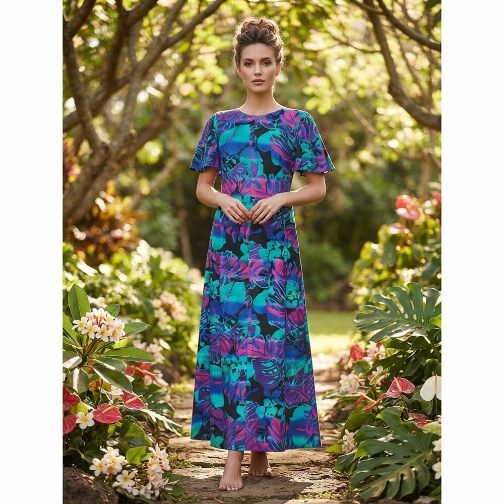Vintage Hawaiian Bell Flutter Sleeve Florals MEDIUM metal zipper Maxi Dress 1960